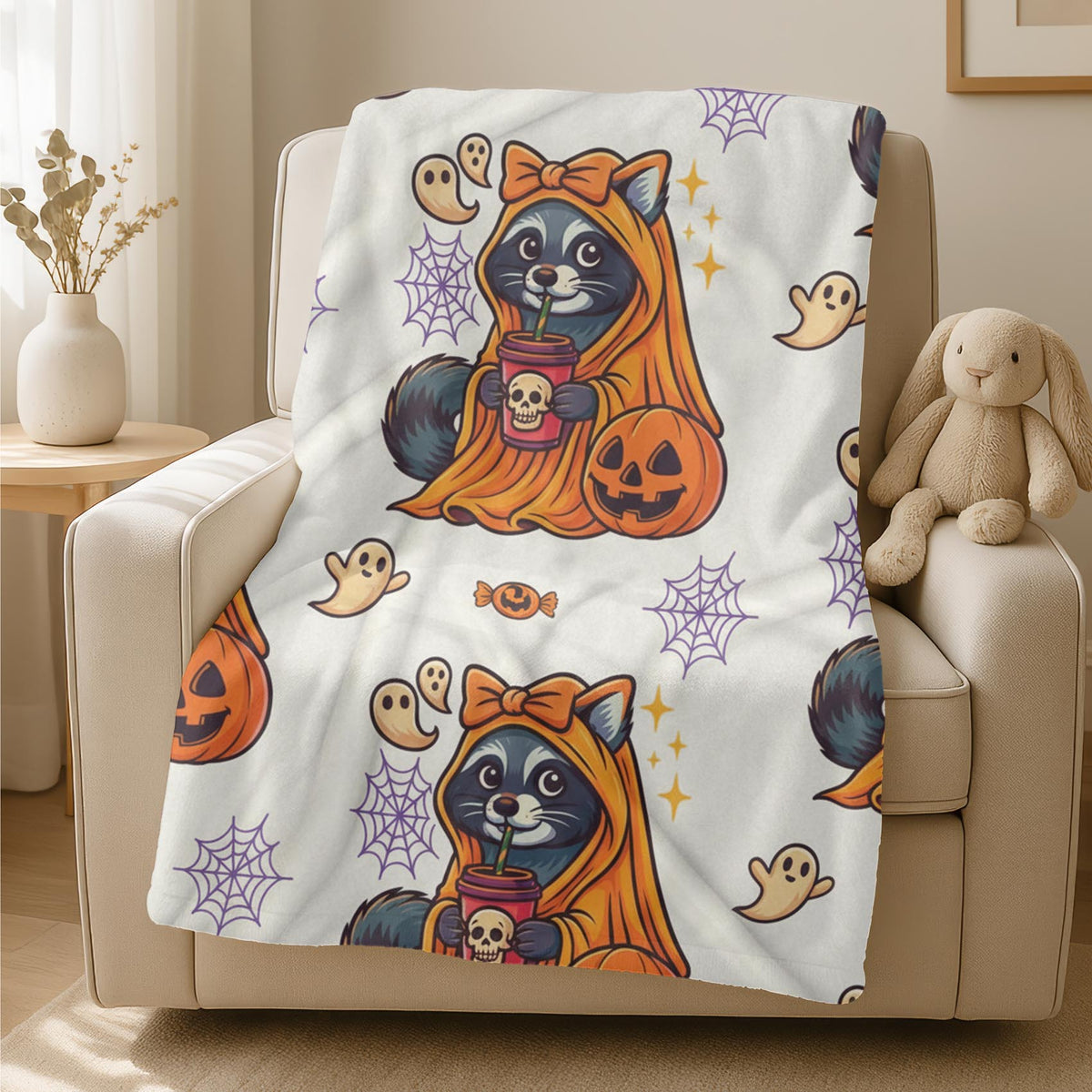 Velveteen Creepin’ It Cozy Raccoon Halloween Blanket – Cute Spooky Fall Throw