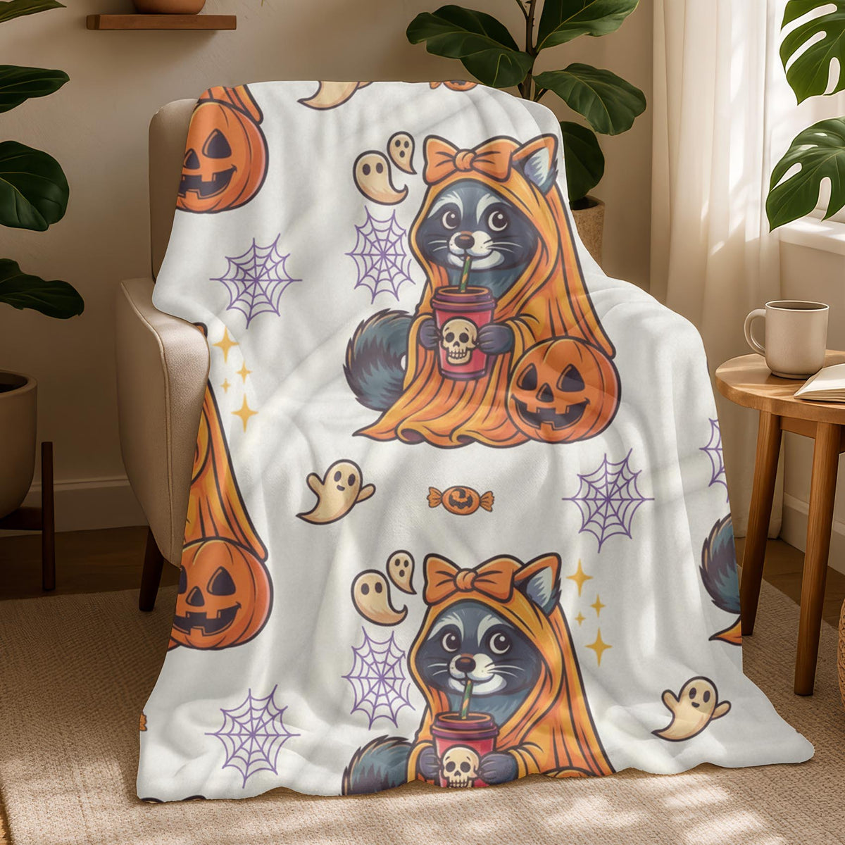 Velveteen Creepin’ It Cozy Raccoon Halloween Blanket – Cute Spooky Fall Throw