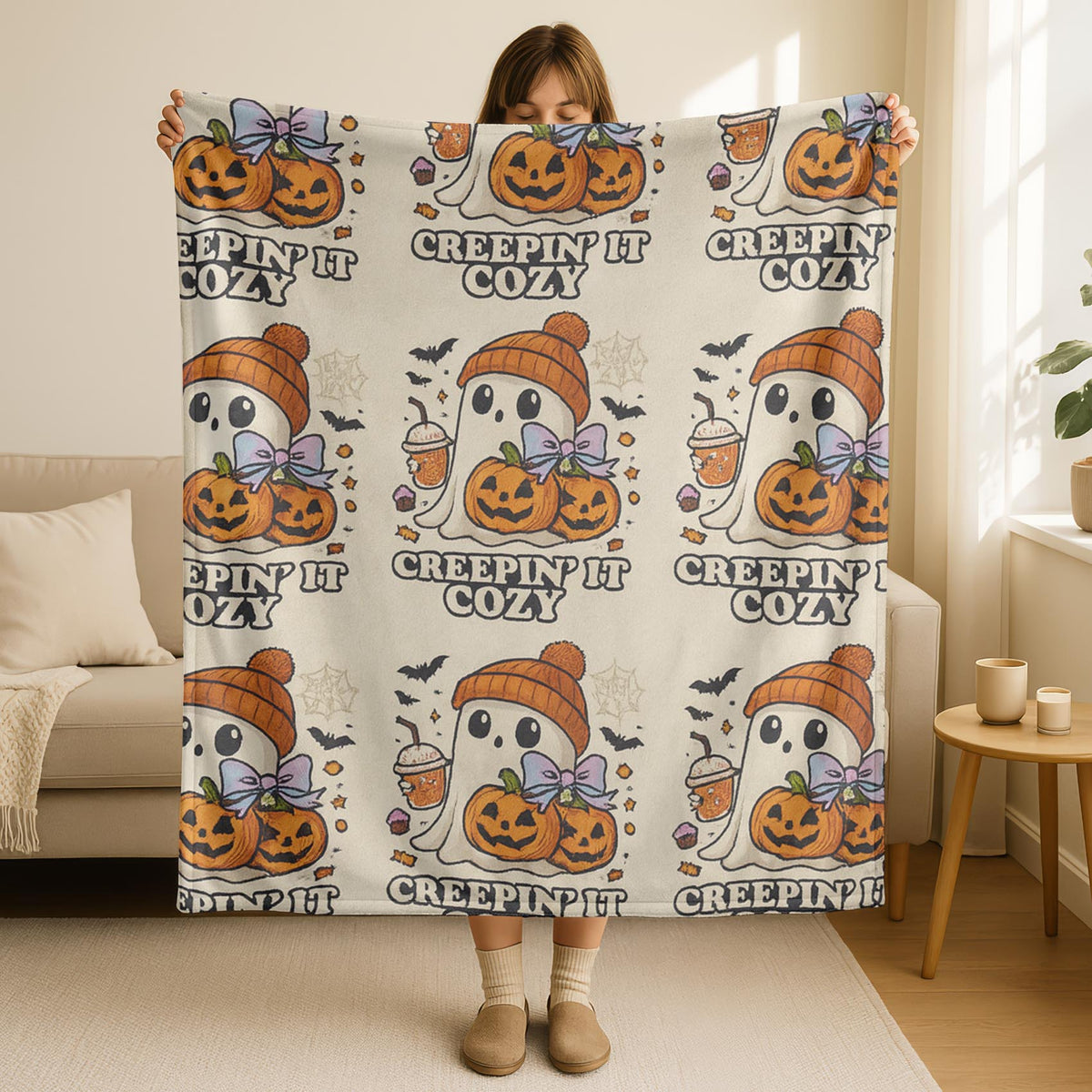 Velveteen Creepin’ It Ghost Pumpkin Halloween Blanket – Soft Spooky Fall Throw