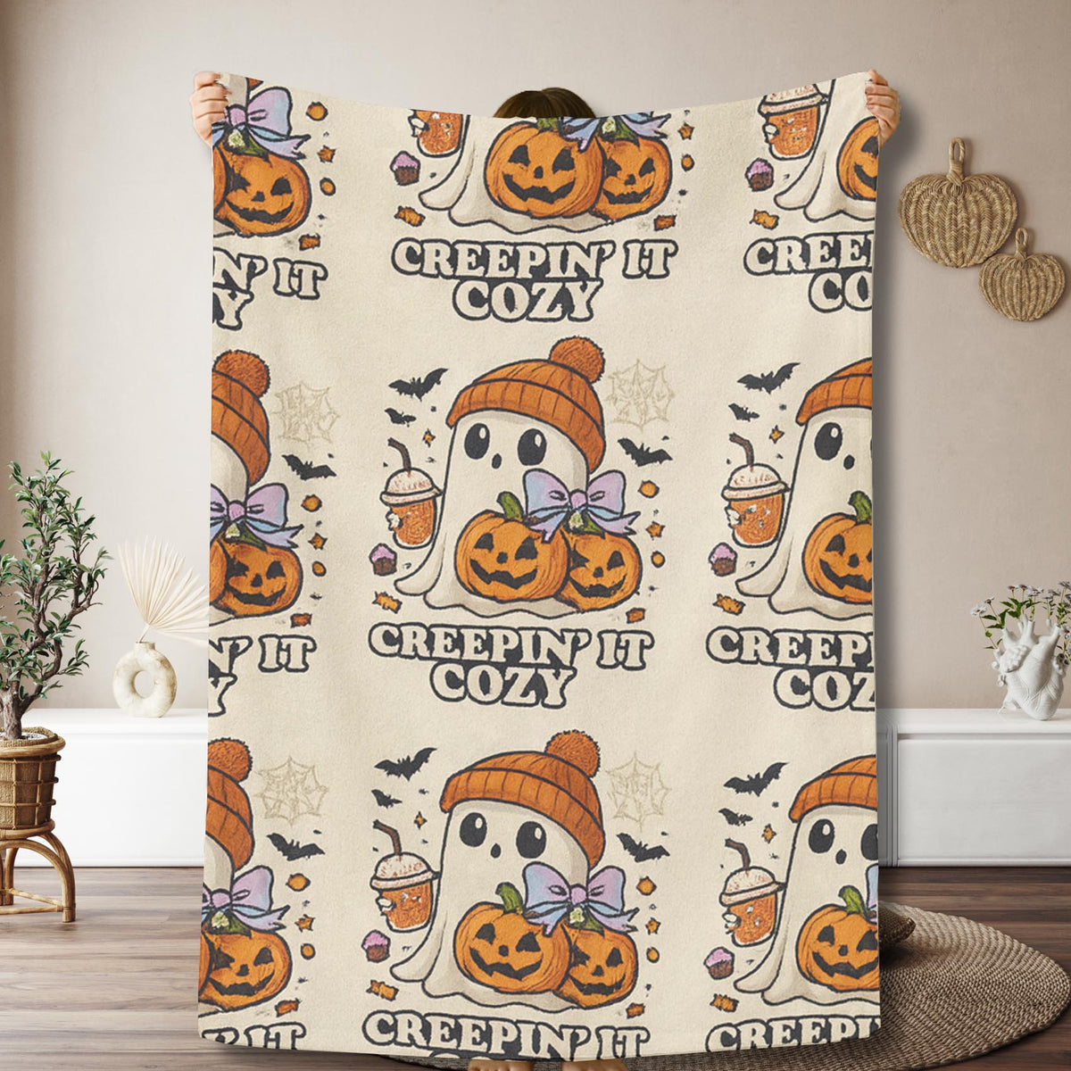 Velveteen Creepin’ It Ghost Pumpkin Halloween Blanket – Soft Spooky Fall Throw