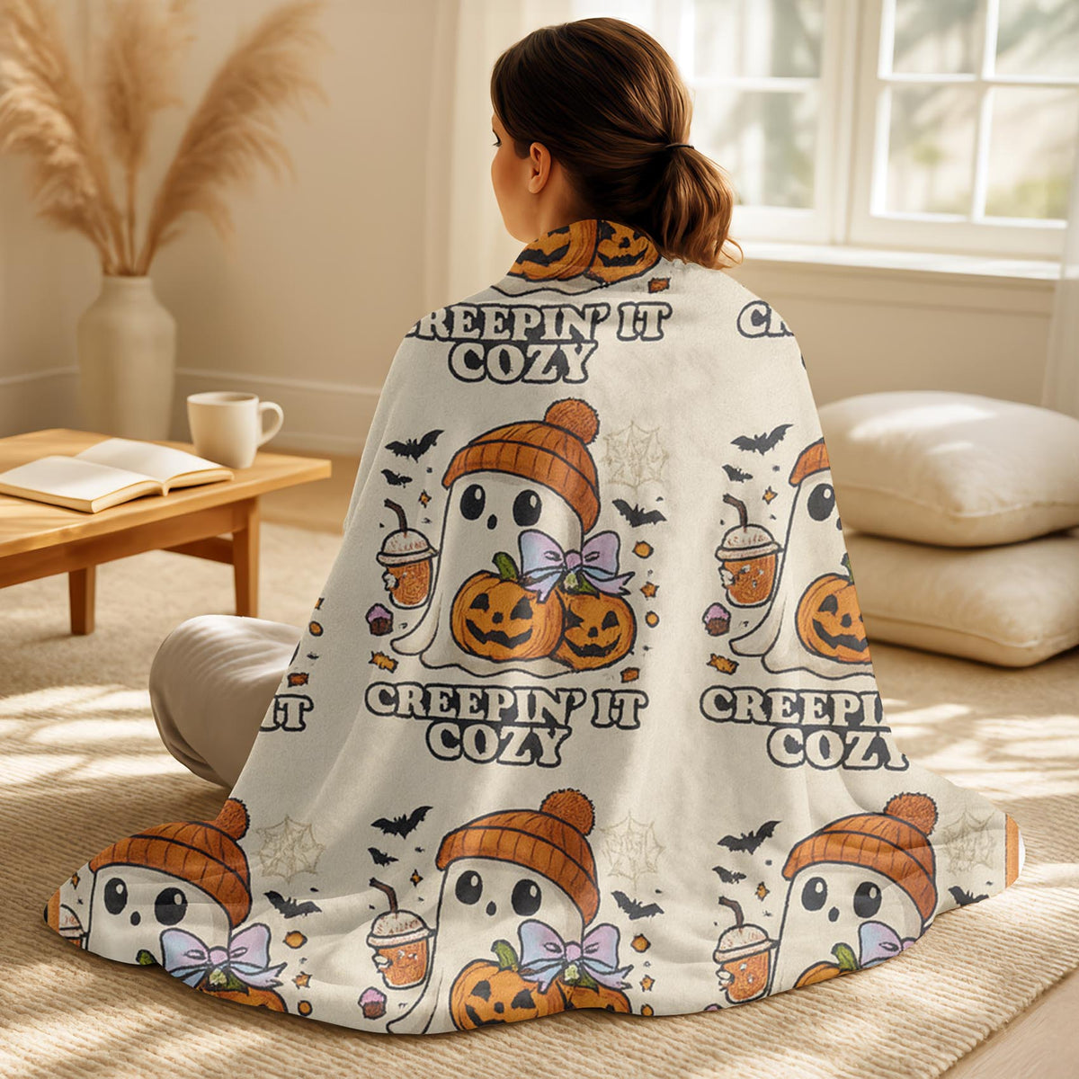 Velveteen Creepin’ It Ghost Pumpkin Halloween Blanket – Soft Spooky Fall Throw