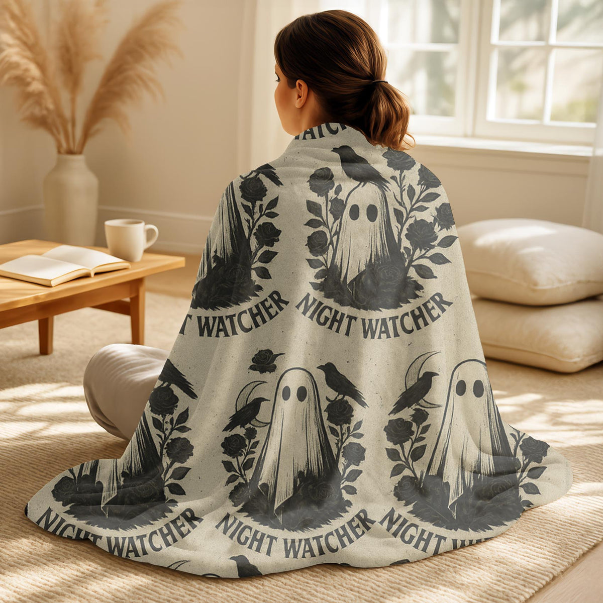 Velveteen Night Watcher Ghost Halloween Blanket – Spooky Cozy Fall Throw