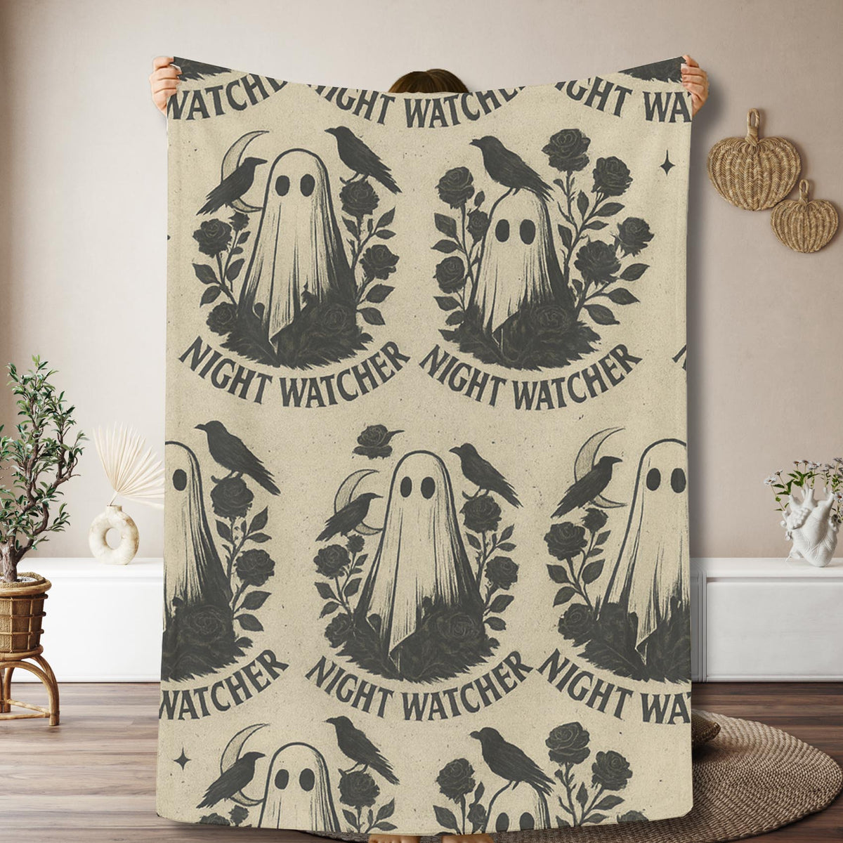 Velveteen Night Watcher Ghost Halloween Blanket – Spooky Cozy Fall Throw