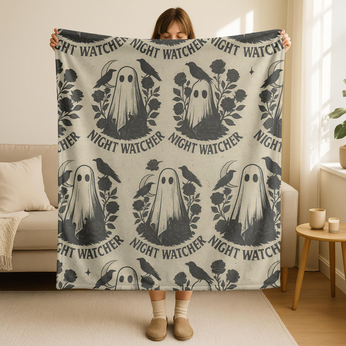 Velveteen Night Watcher Ghost Halloween Blanket – Spooky Cozy Fall Throw