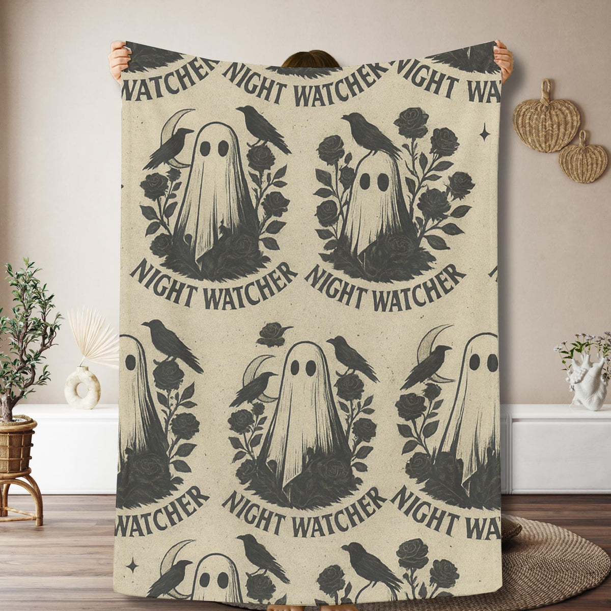 Velveteen Night Watcher Ghost Halloween Blanket – Spooky Cozy Fall Throw