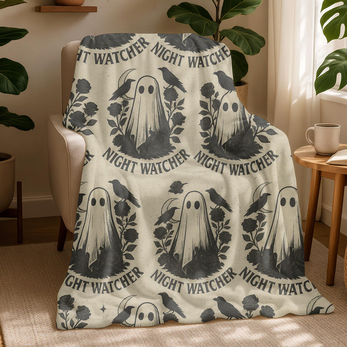 Velveteen Night Watcher Ghost Halloween Blanket – Spooky Cozy Fall Throw