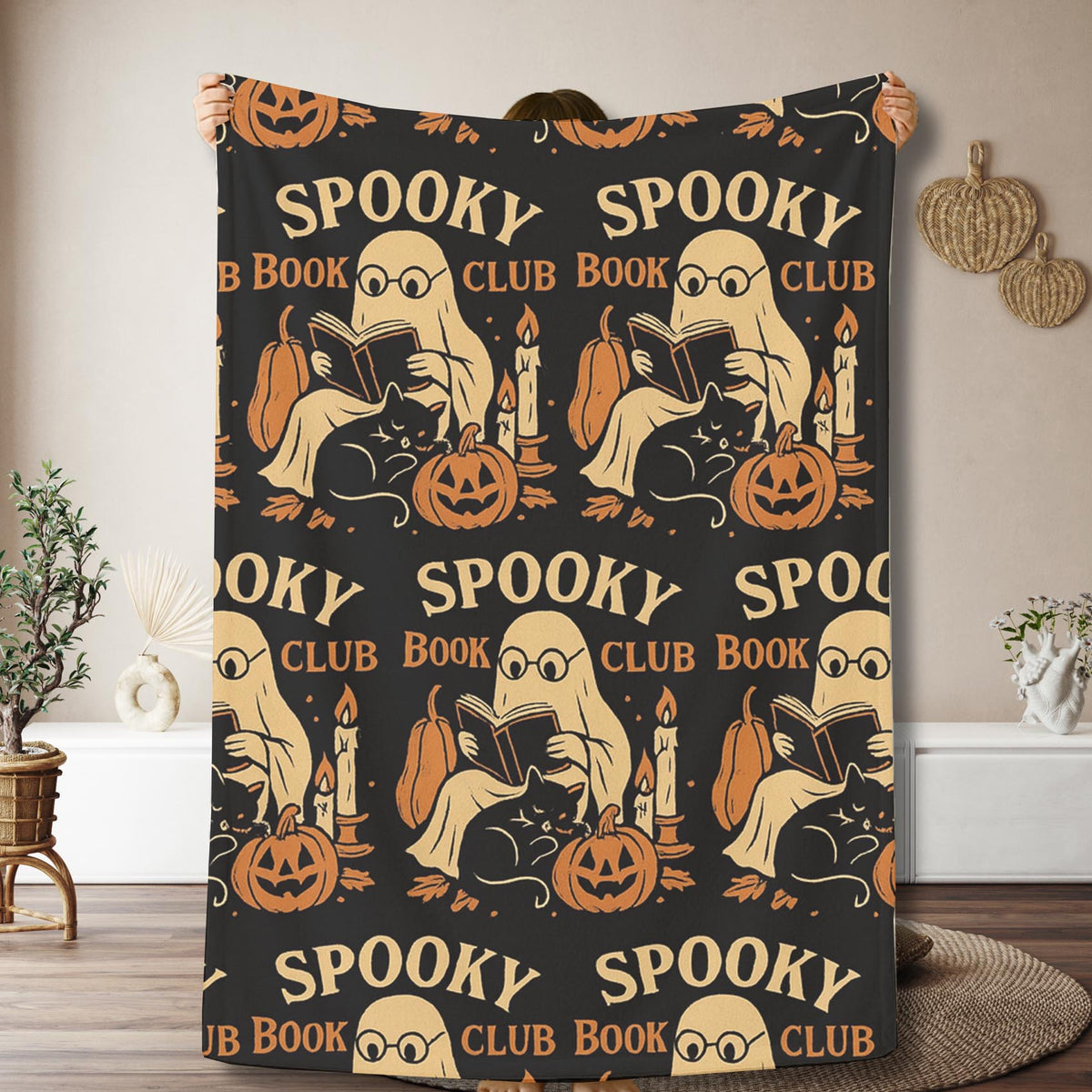 Velveteen Spooky Book Club Halloween Blanket – Cozy Ghostly Reading Throw
