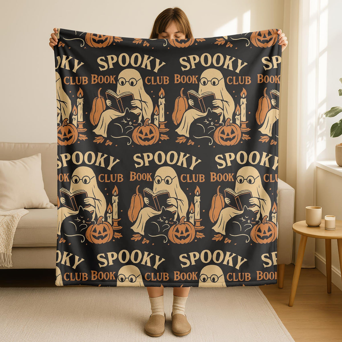Velveteen Spooky Book Club Halloween Blanket – Cozy Ghostly Reading Throw