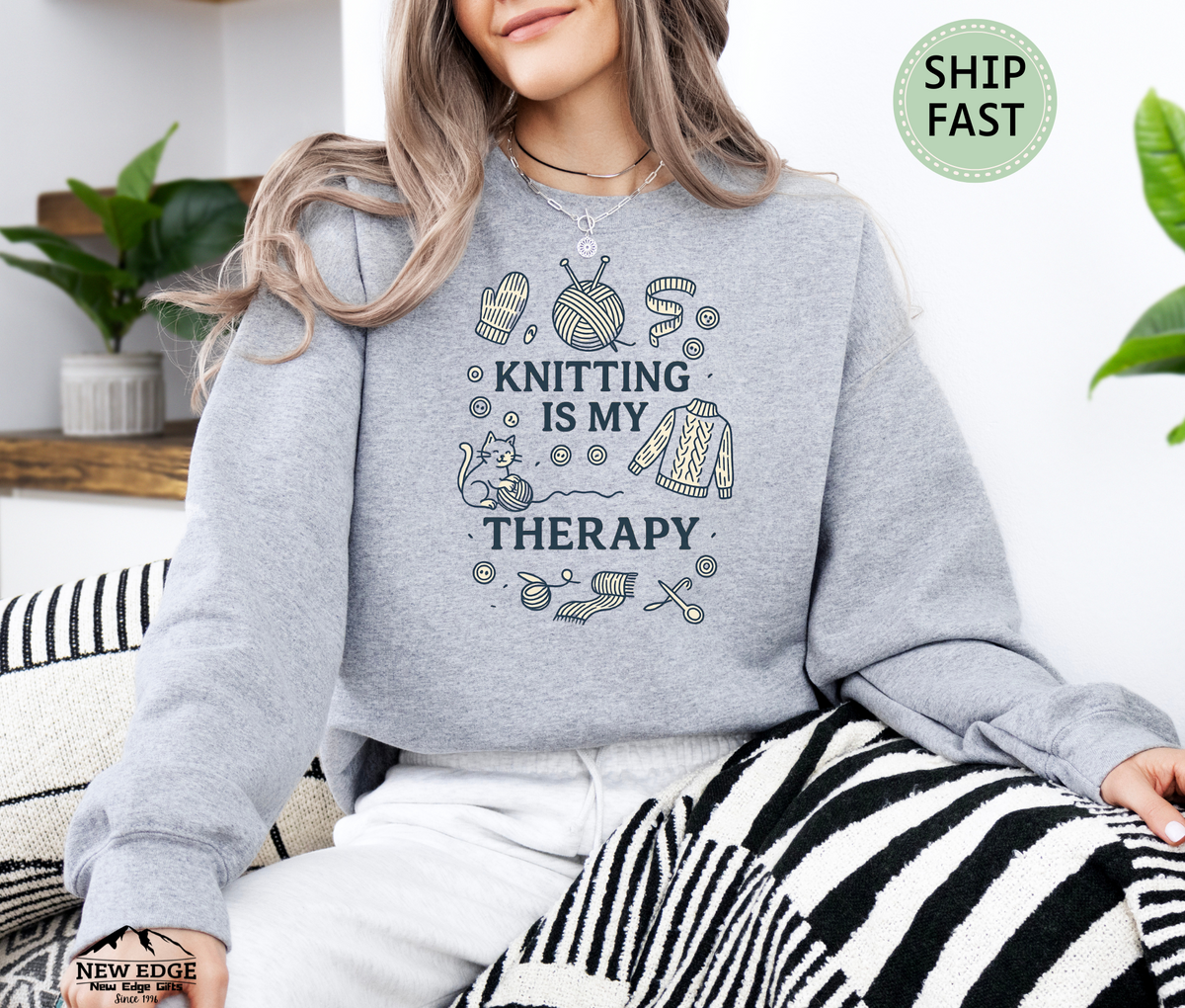 Knitting Is My Therapy Sweatshirt – Cozy Yarn Lover Gift Sweater