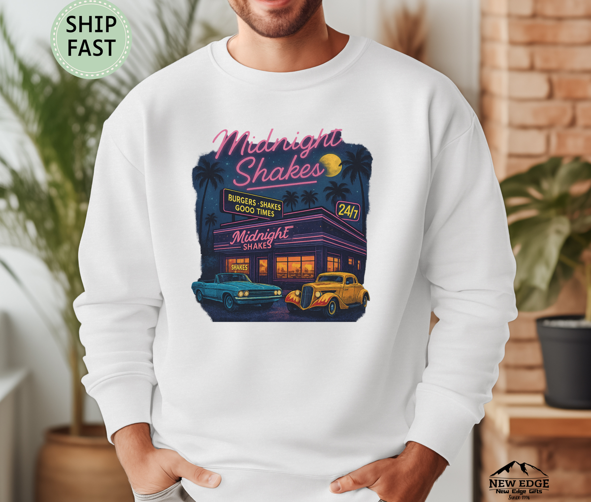 Midnight Shakes Sweatshirt – Retro Diner Neon Lights & Classic Cars Sweater