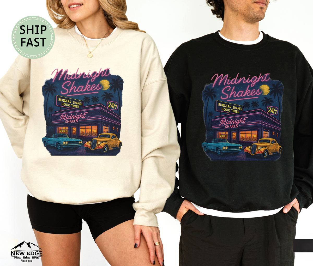Midnight Shakes Sweatshirt – Retro Diner Neon Lights & Classic Cars Sweater