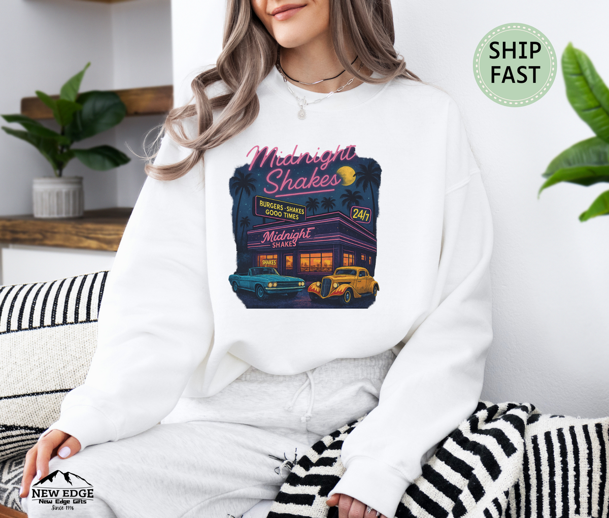 Midnight Shakes Sweatshirt – Retro Diner Neon Lights & Classic Cars Sweater