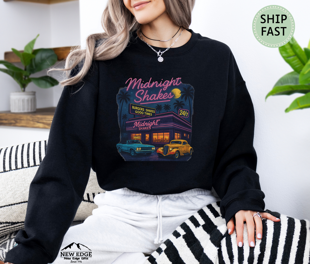 Midnight Shakes Sweatshirt – Retro Diner Neon Lights & Classic Cars Sweater