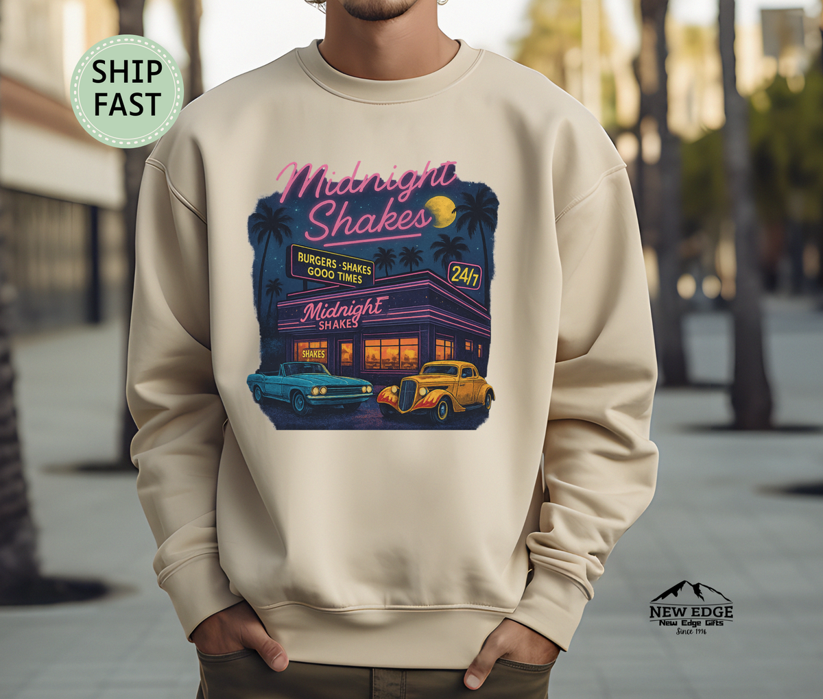 Midnight Shakes Sweatshirt – Retro Diner Neon Lights & Classic Cars Sweater