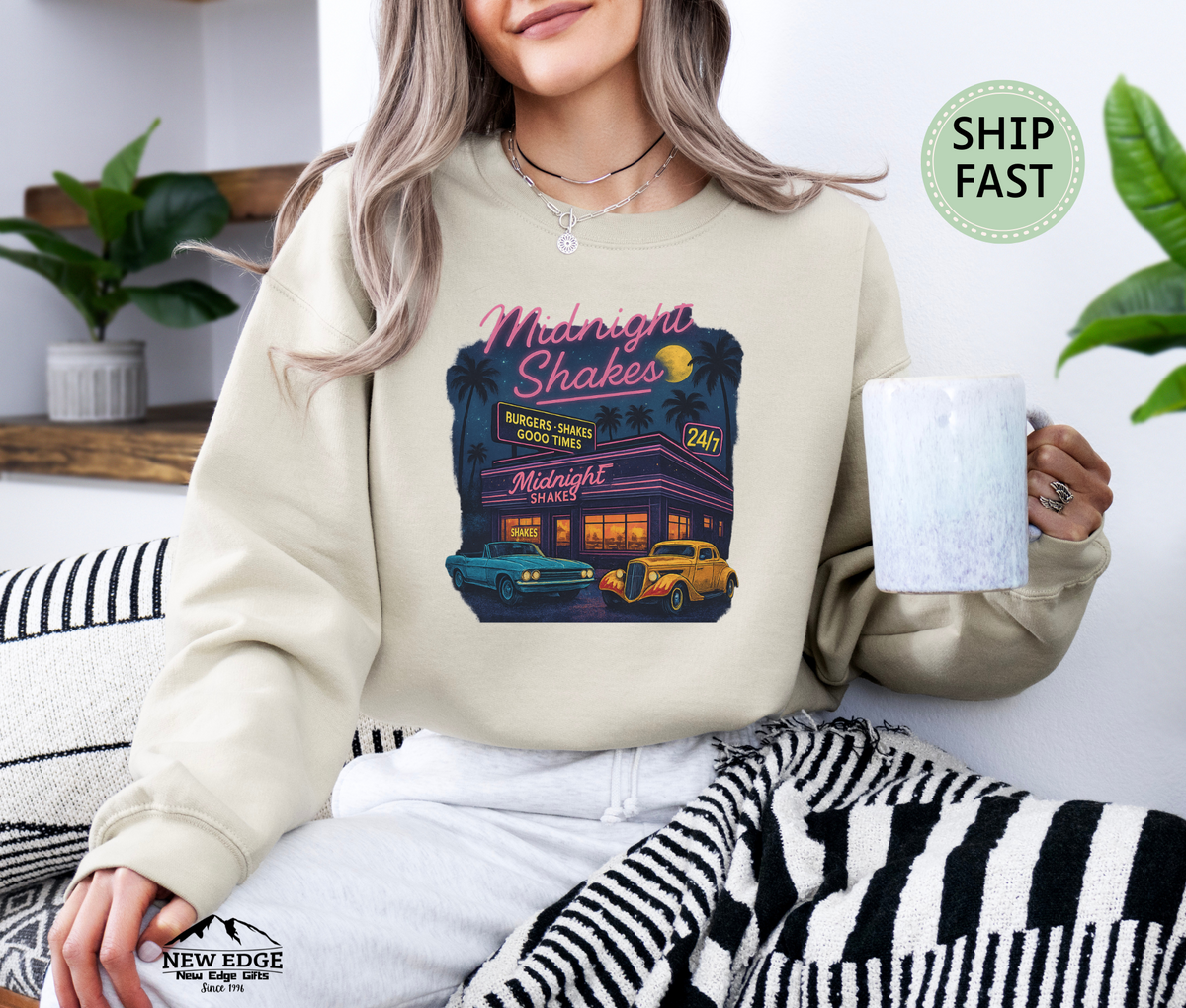 Midnight Shakes Sweatshirt – Retro Diner Neon Lights & Classic Cars Sweater