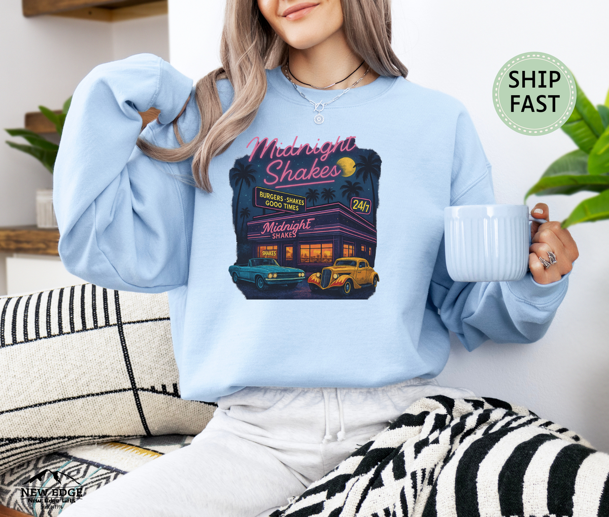 Midnight Shakes Sweatshirt – Retro Diner Neon Lights & Classic Cars Sweater
