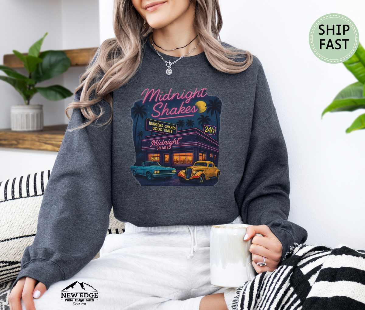 Midnight Shakes Sweatshirt – Retro Diner Neon Lights & Classic Cars Sweater