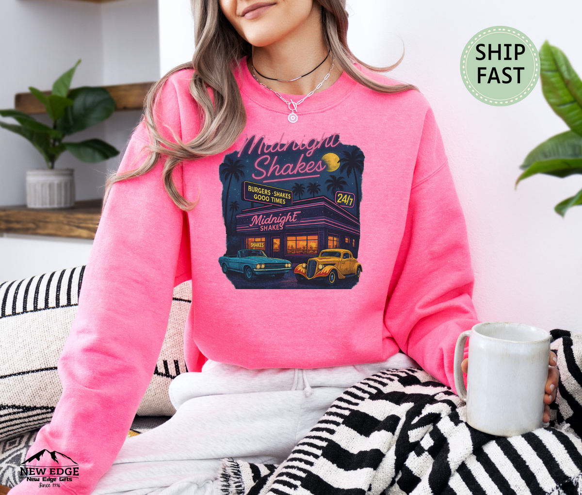 Midnight Shakes Sweatshirt – Retro Diner Neon Lights & Classic Cars Sweater