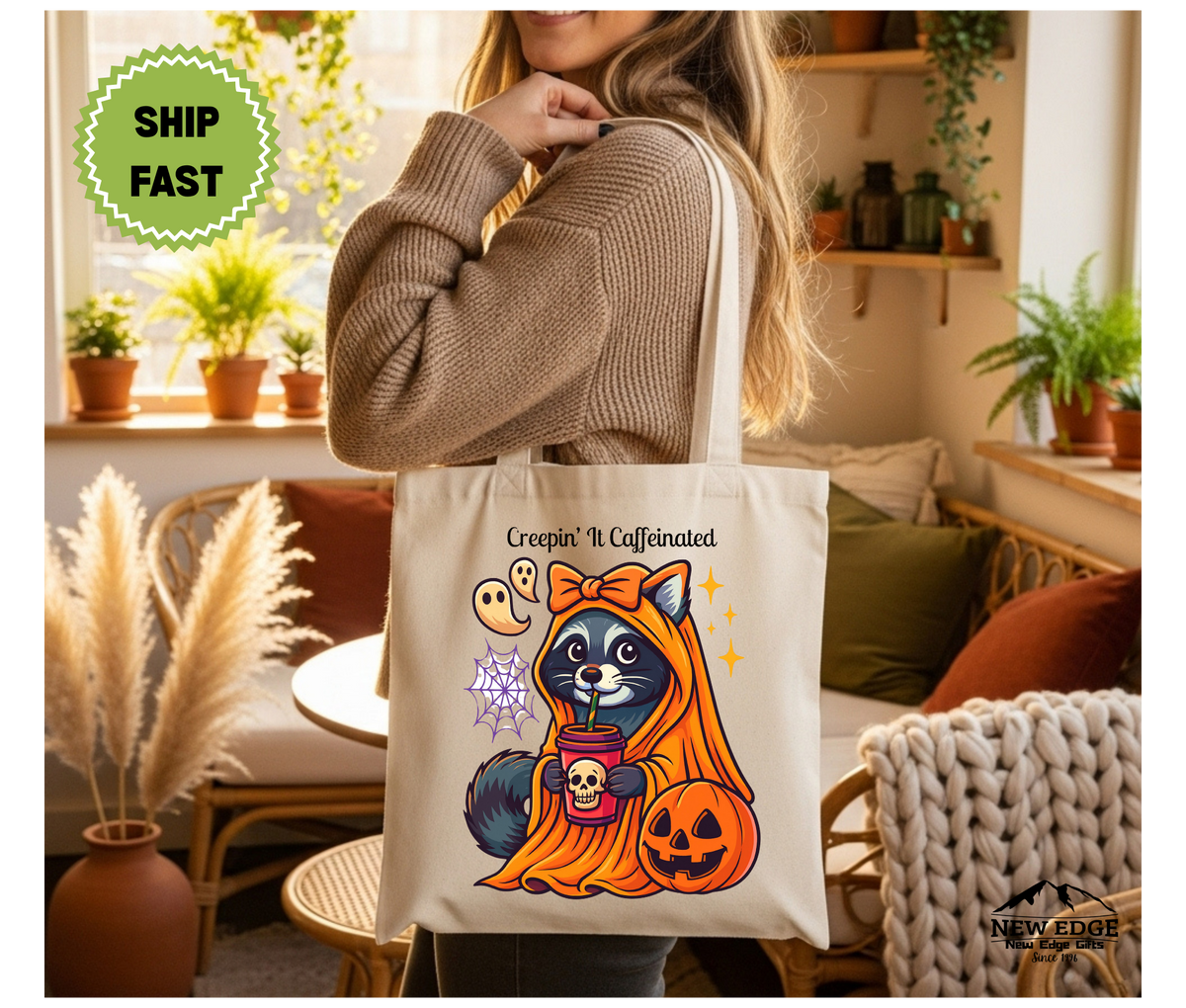Creepin’ It Caffeinated Halloween Tote Bag – Raccoon with Bow and Coffee by Pumpkin Cotton Canvas Bag, Funny Fall Gift for Coffee Lovers
