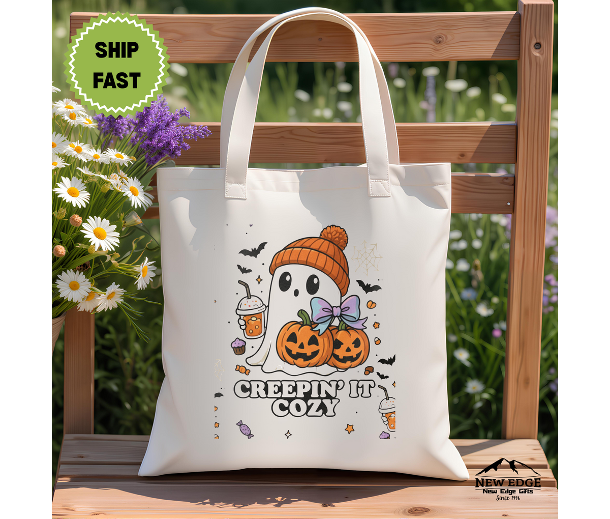 Creepin’ It Cozy Halloween Tote Bag – Ghost with Coffee and Pumpkin Cotton Canvas Bag, Fall Aesthetic Gift, Spooky Season Shopper