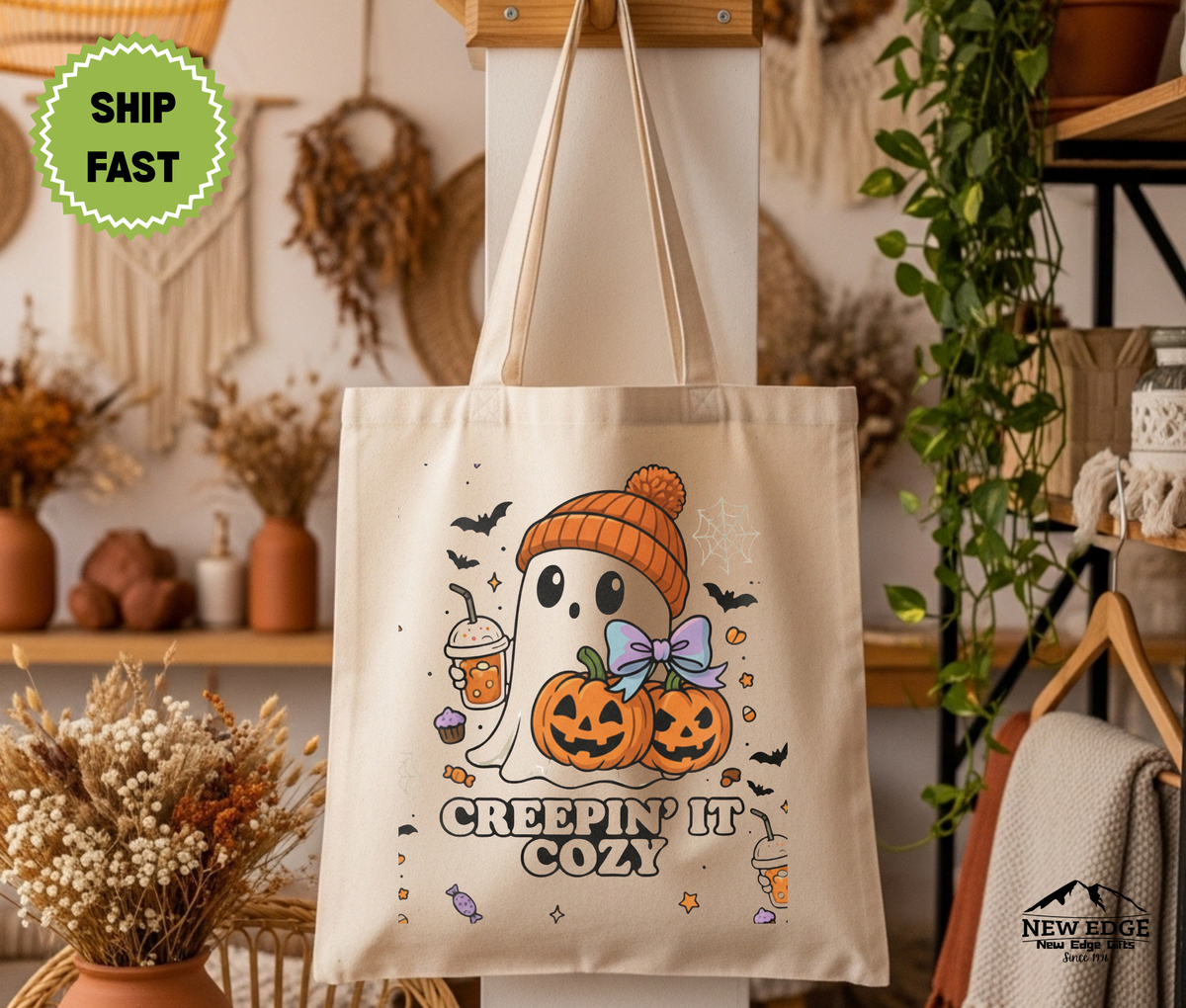 Creepin’ It Cozy Halloween Tote Bag – Ghost with Coffee and Pumpkin Cotton Canvas Bag, Fall Aesthetic Gift, Spooky Season Shopper