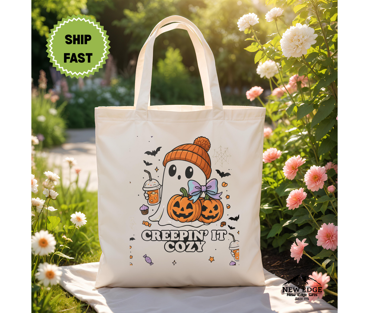 Creepin’ It Cozy Halloween Tote Bag – Ghost with Coffee and Pumpkin Cotton Canvas Bag, Fall Aesthetic Gift, Spooky Season Shopper