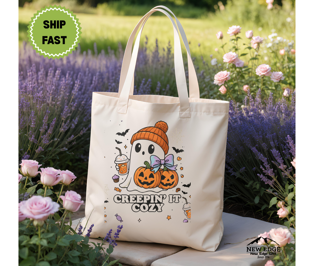 Creepin’ It Cozy Halloween Tote Bag – Ghost with Coffee and Pumpkin Cotton Canvas Bag, Fall Aesthetic Gift, Spooky Season Shopper