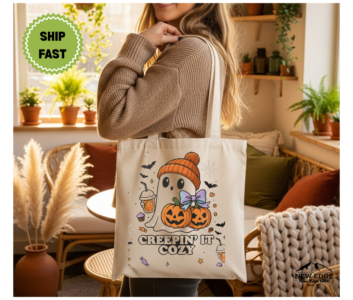 Creepin’ It Cozy Halloween Tote Bag – Ghost with Coffee and Pumpkin Cotton Canvas Bag, Fall Aesthetic Gift, Spooky Season Shopper