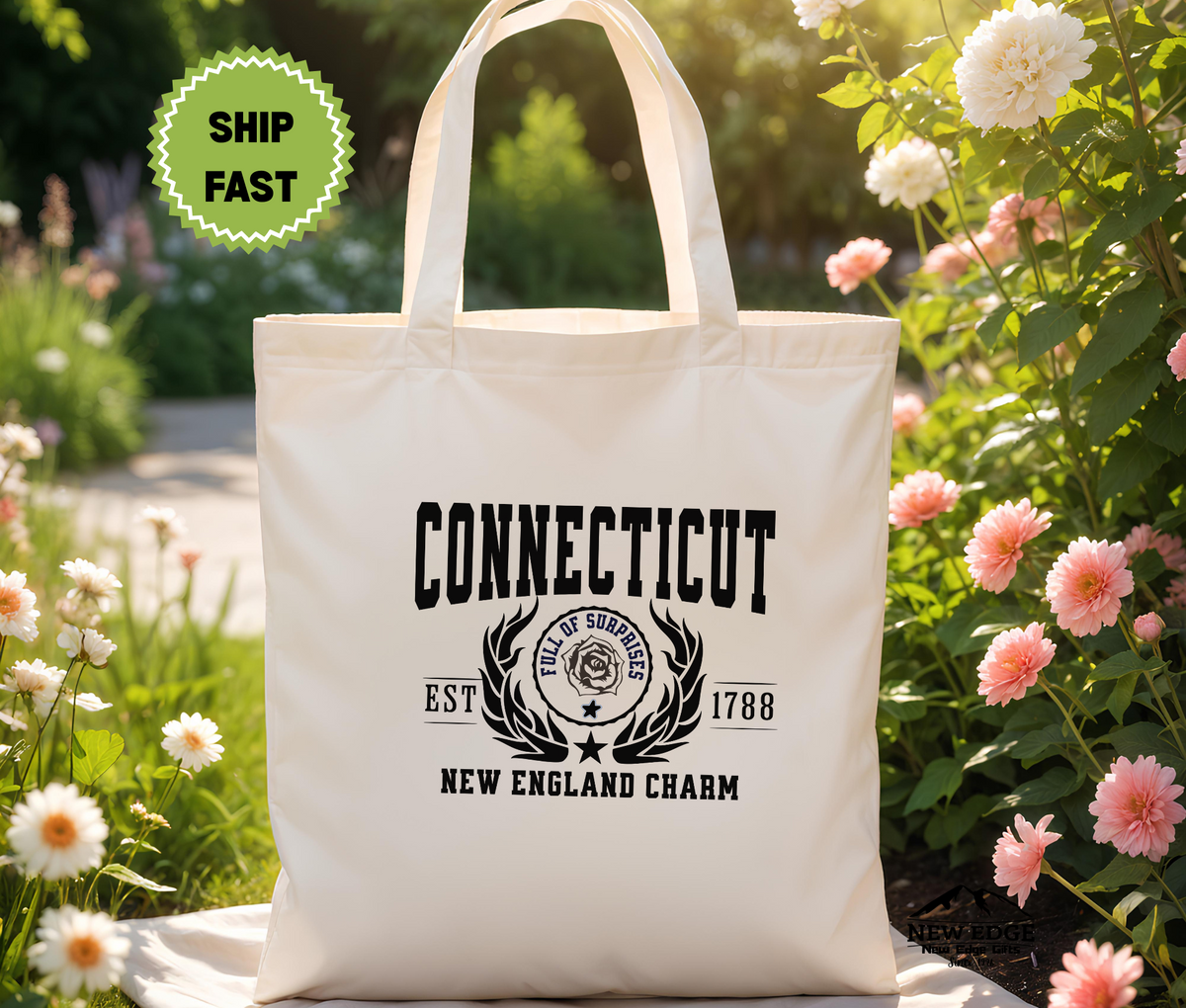 Connecticut State Cotton Canvas Tote Bag, “New England Charm”, USA States Souvenir, Connecticut Pride Gift, Eco Travel Tote