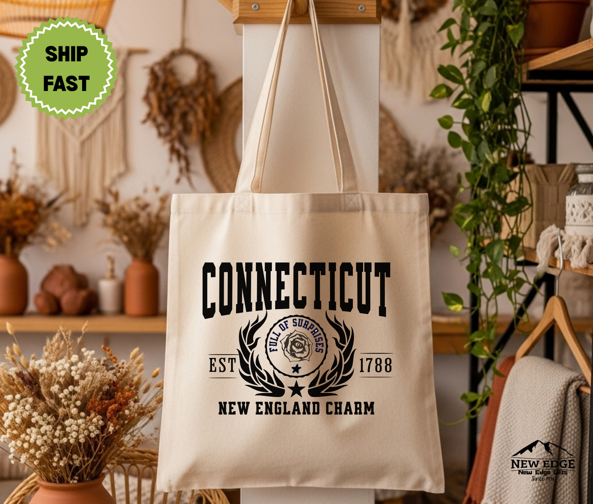 Connecticut State Cotton Canvas Tote Bag, “New England Charm”, USA States Souvenir, Connecticut Pride Gift, Eco Travel Tote