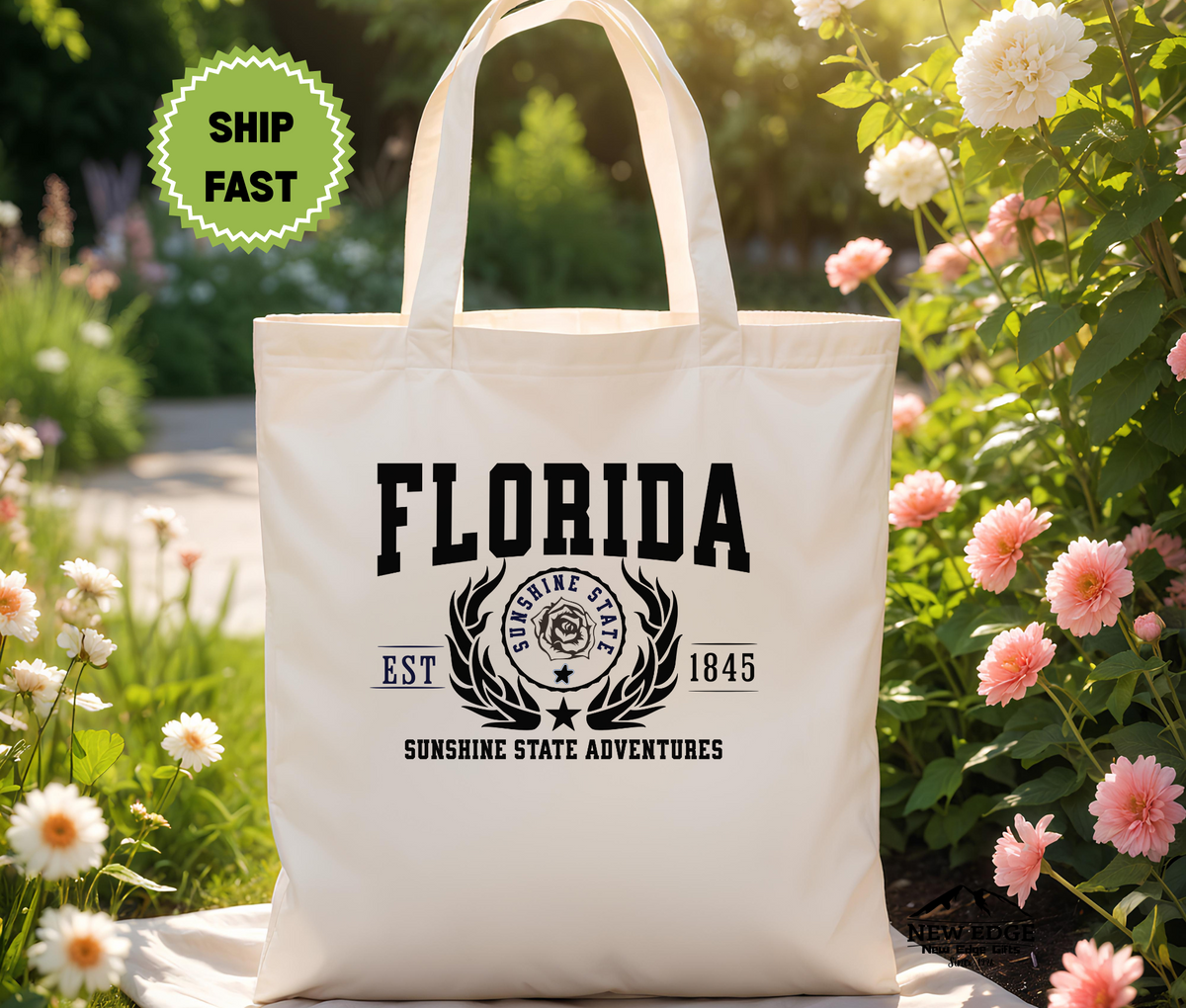 Florida State Cotton Canvas Tote Bag, “Sunshine State Adventures”, USA States Souvenir, Florida Pride Gift, Eco Travel Tote