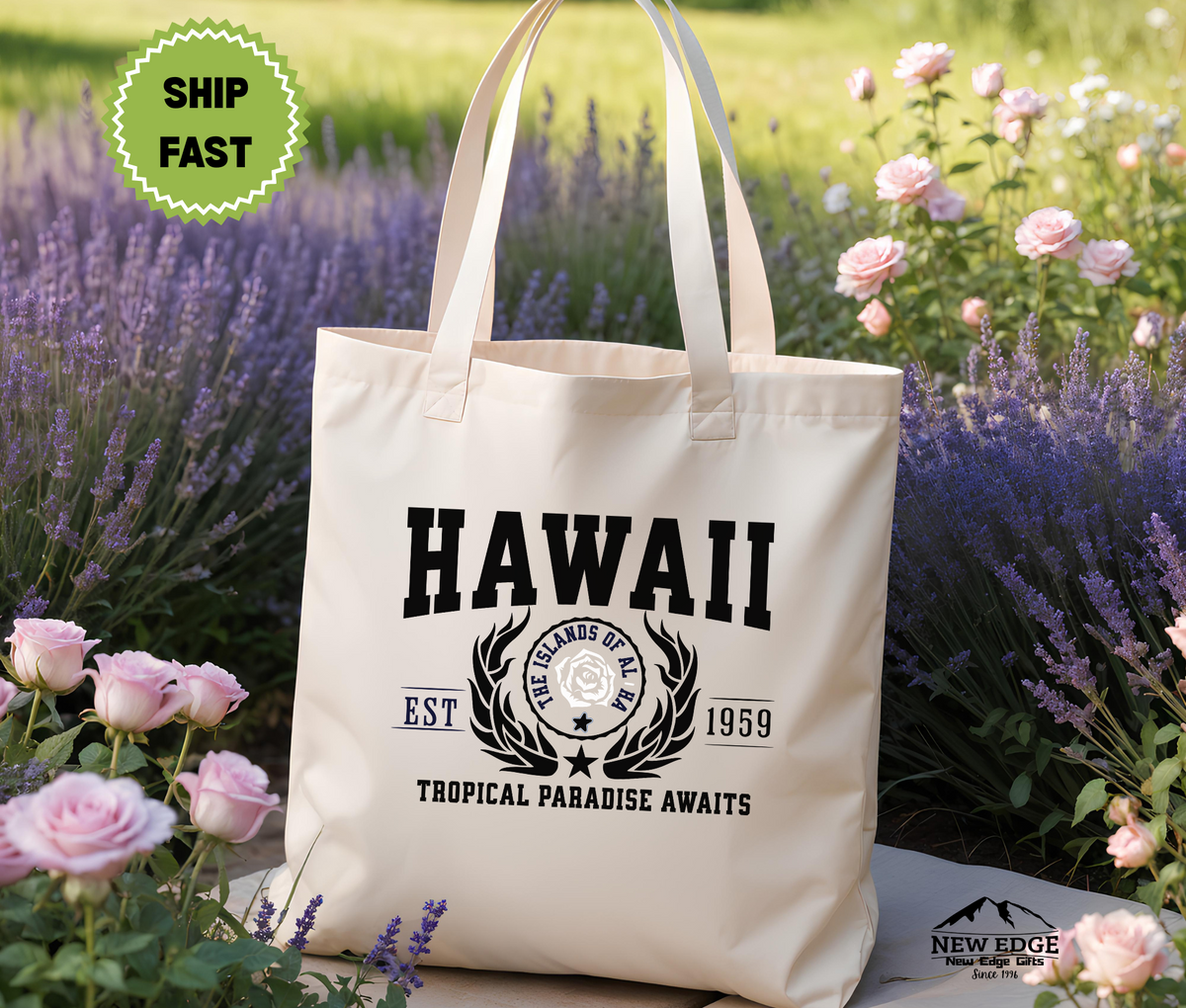 Hawaii State Cotton Canvas Tote Bag, “Tropical Paradise Awaits”, USA State Souvenir, Eco Travel Tote, Hawaii Gift Bag