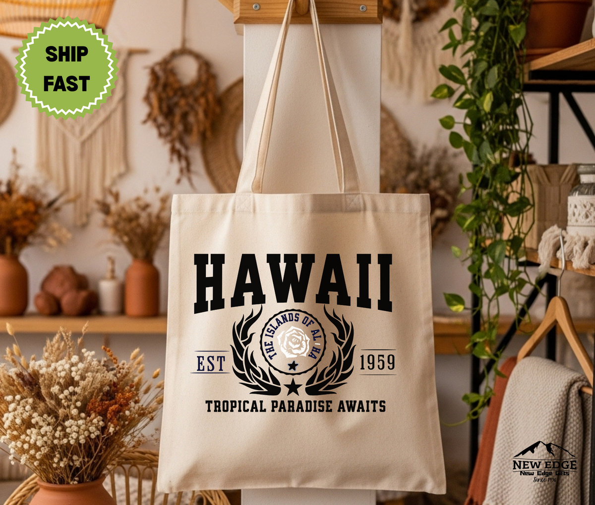 Hawaii State Cotton Canvas Tote Bag, “Tropical Paradise Awaits”, USA State Souvenir, Eco Travel Tote, Hawaii Gift Bag
