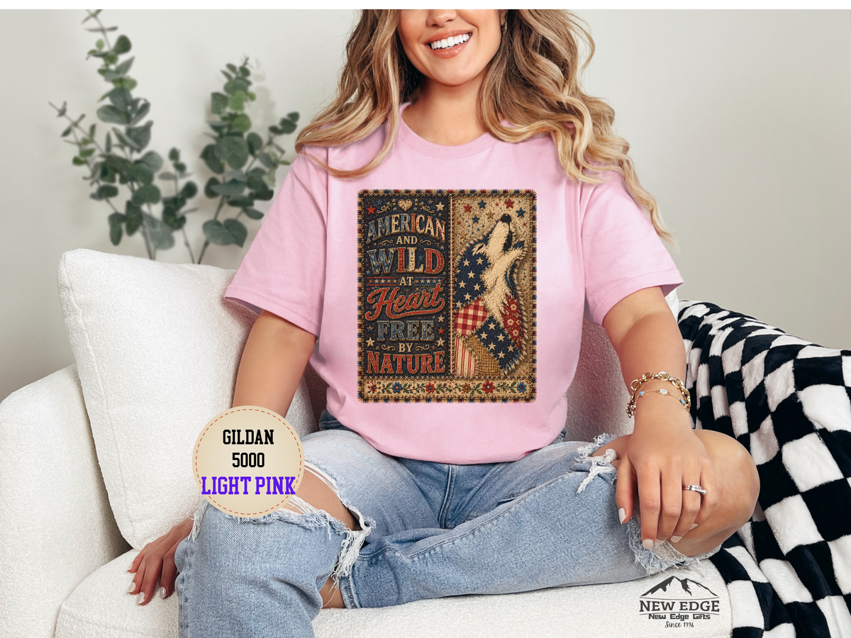 Patriotic Retro Tee – "American and Wild at Heart, Free by Nature" Flag Silhouette Shirt
