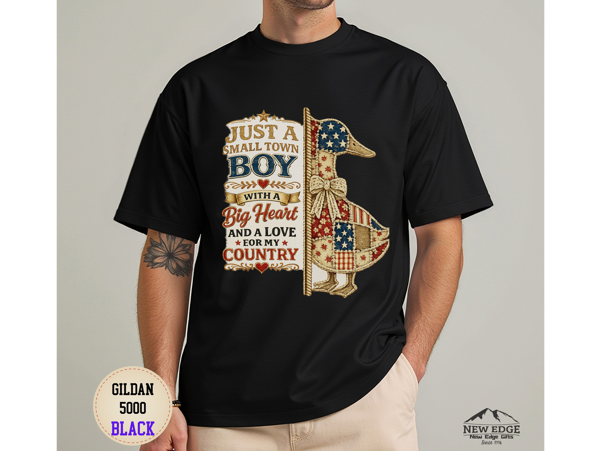 Small Town Boy Patriotic T-Shirt – “Just a Small Town Boy with a Big Heart and a Love for My Country”