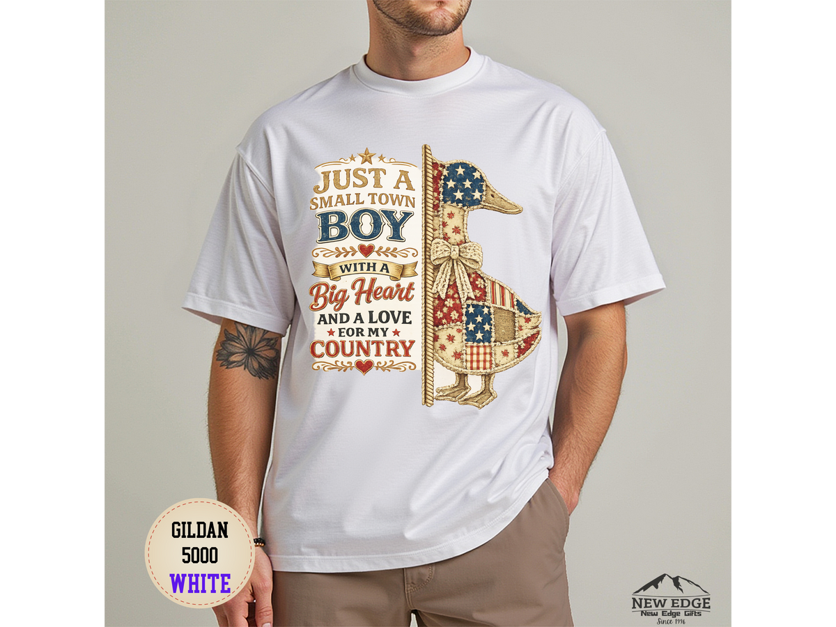 Small Town Boy Patriotic T-Shirt – “Just a Small Town Boy with a Big Heart and a Love for My Country”