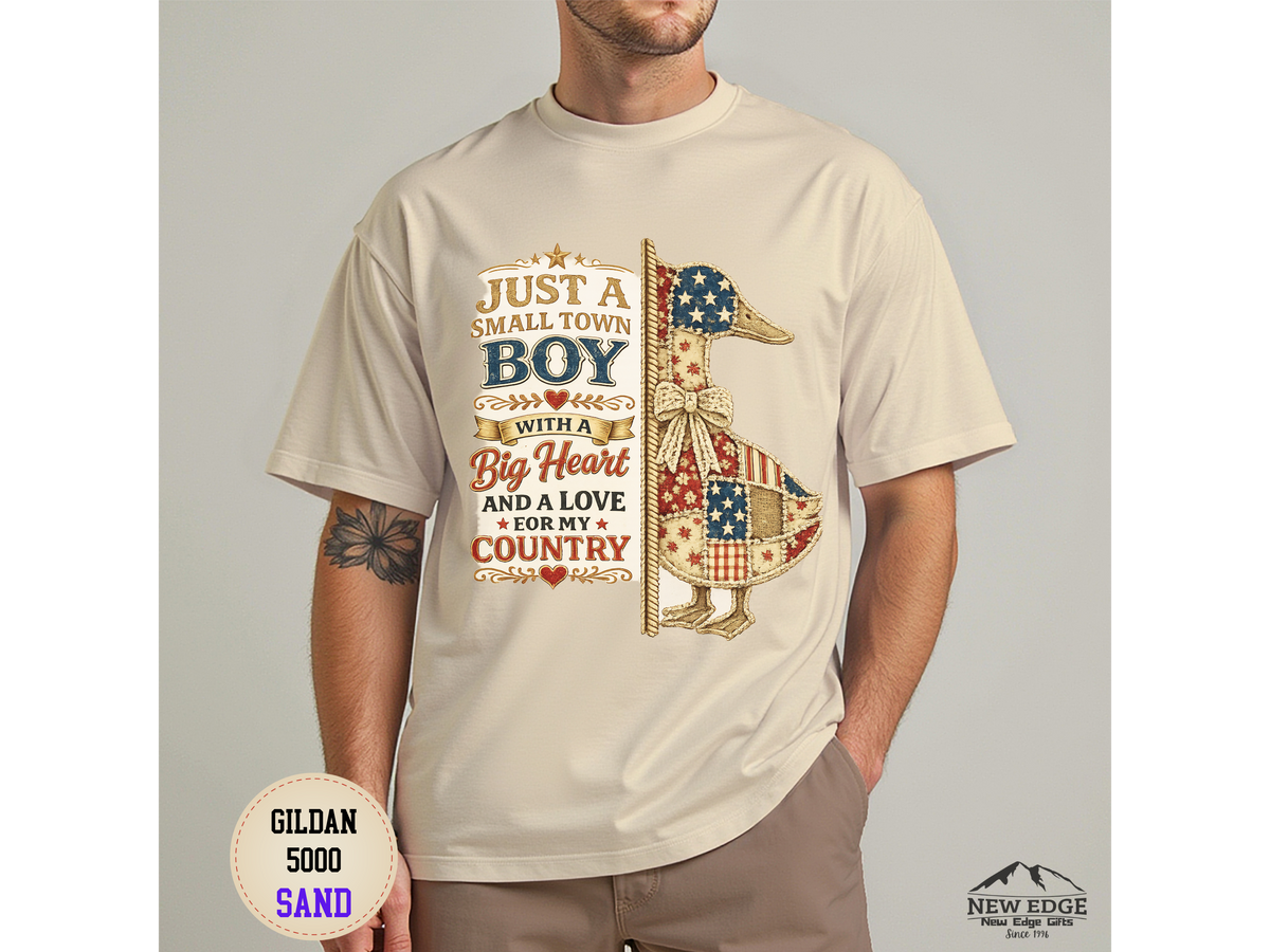 Small Town Boy Patriotic T-Shirt – “Just a Small Town Boy with a Big Heart and a Love for My Country”