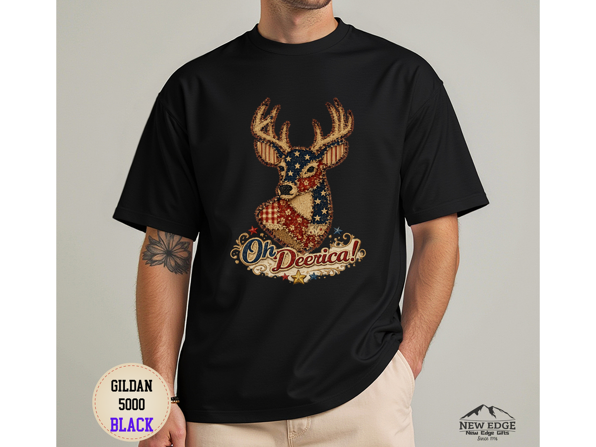 Deerica Patriotic Deer T-Shirt — "Oh Deerica!" American Flag Buck Tee