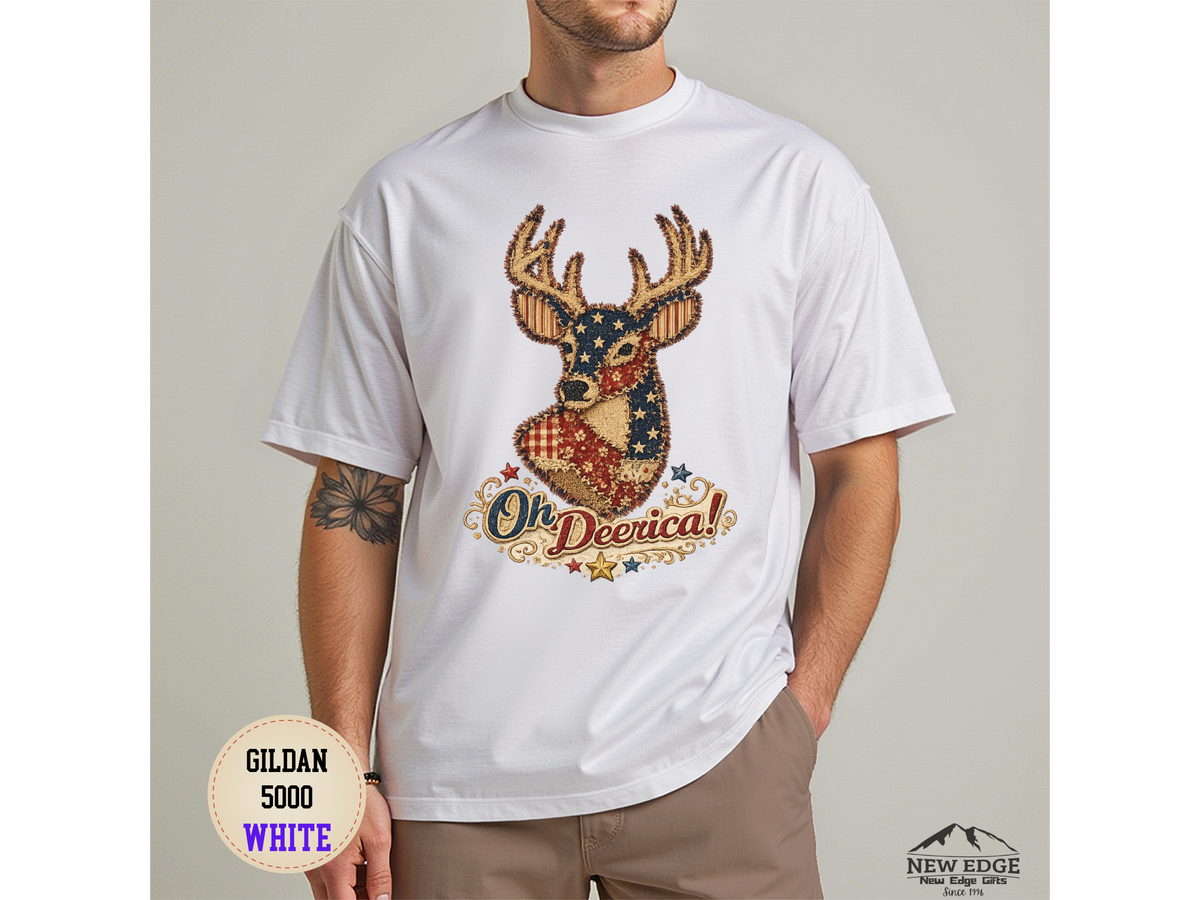 Deerica Patriotic Deer T-Shirt — "Oh Deerica!" American Flag Buck Tee