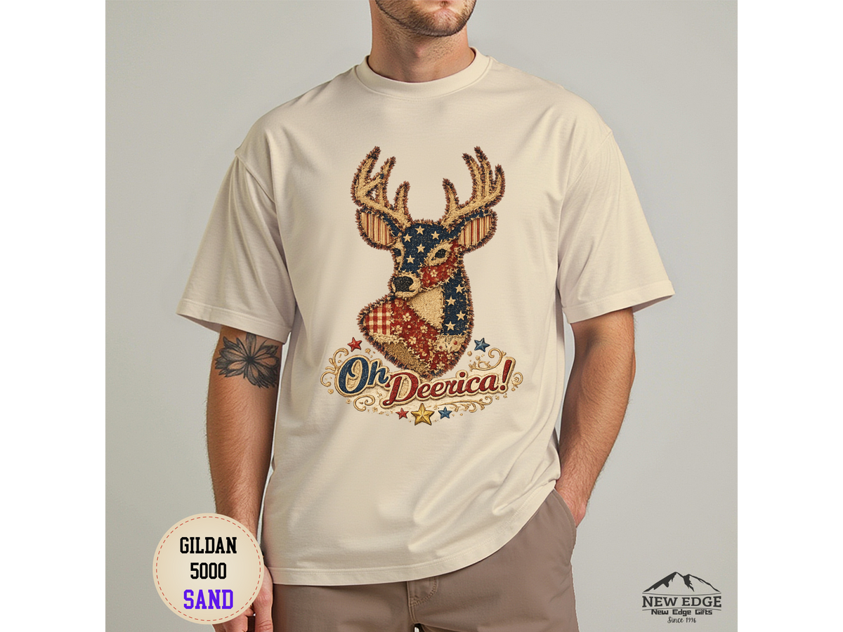 Deerica Patriotic Deer T-Shirt — "Oh Deerica!" American Flag Buck Tee