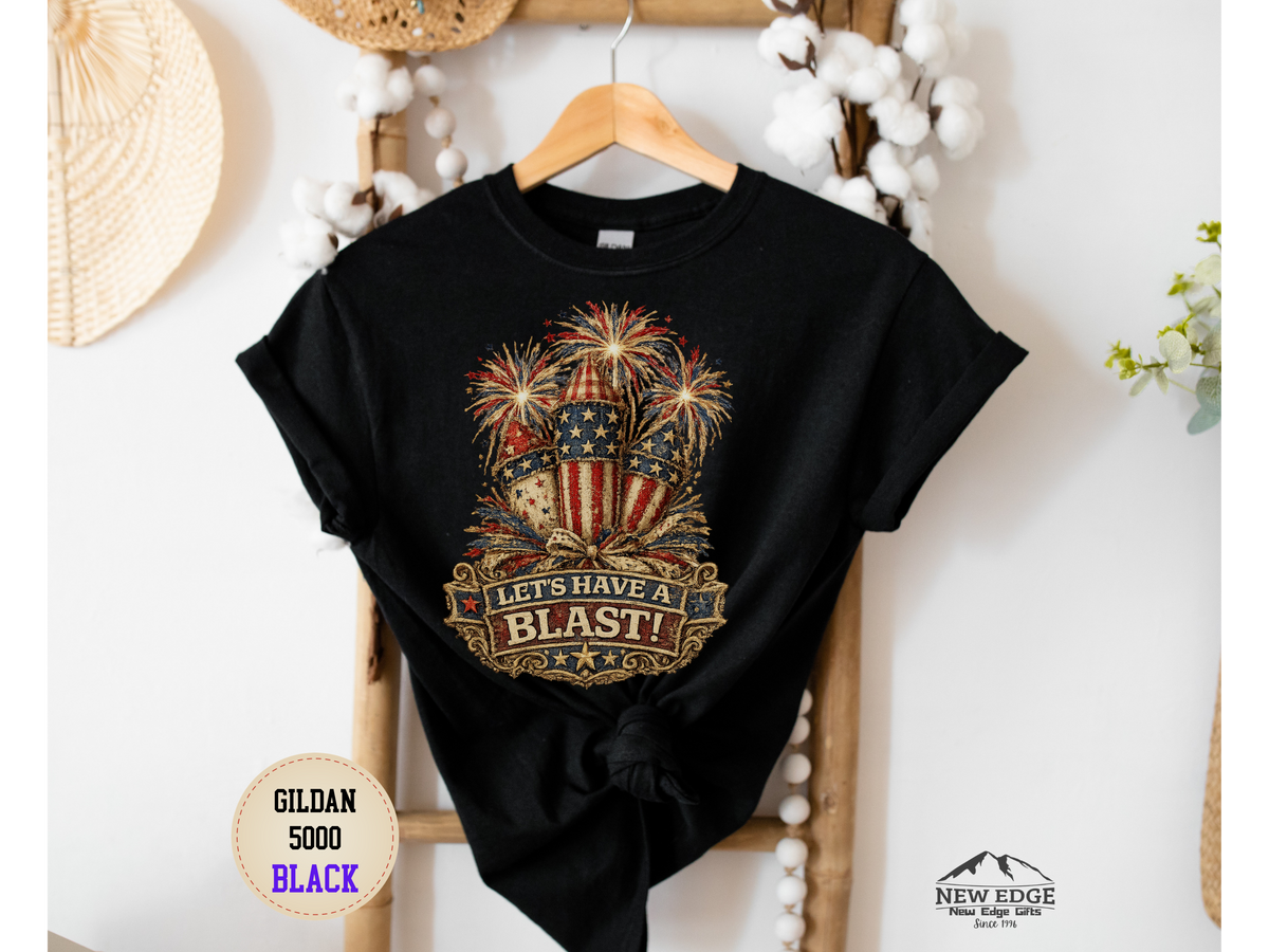 T-Shirt — "Let's Have a Blast!" American Flag Fireworks 4th of July Tee