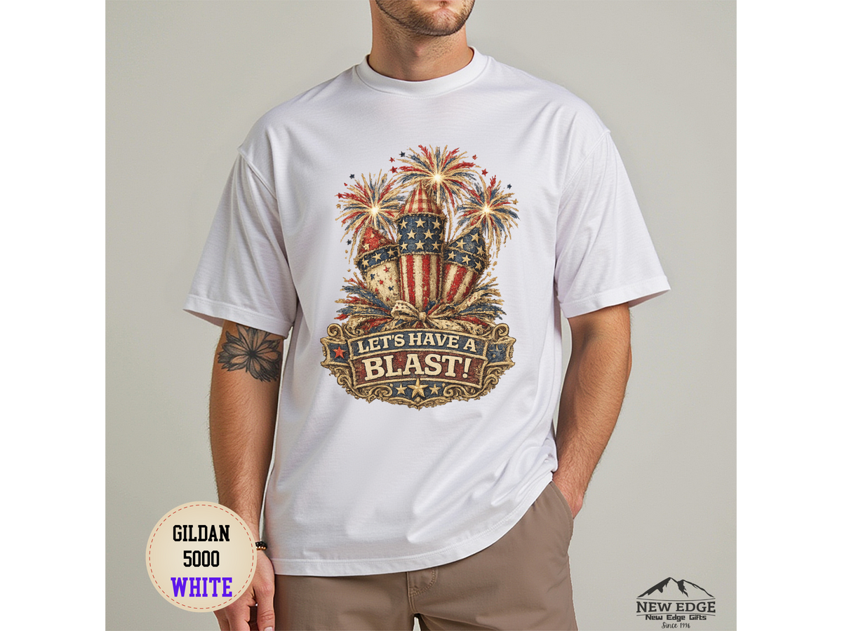 T-Shirt — "Let's Have a Blast!" American Flag Fireworks 4th of July Tee
