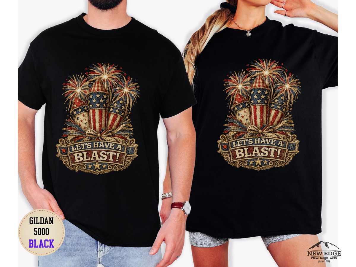 T-Shirt — "Let's Have a Blast!" American Flag Fireworks 4th of July Tee