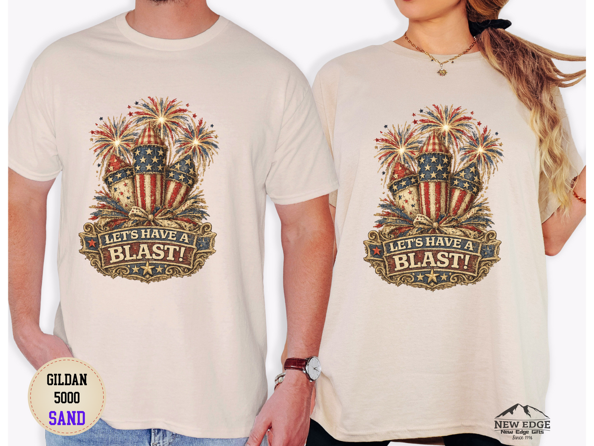 T-Shirt — "Let's Have a Blast!" American Flag Fireworks 4th of July Tee