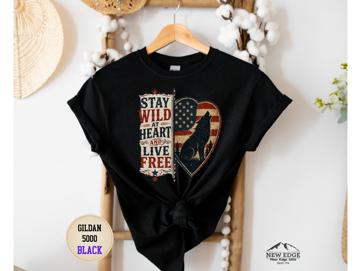 Stay Wild at Heart Live Free T-Shirt - Patriotic Wolf Heart Graphic