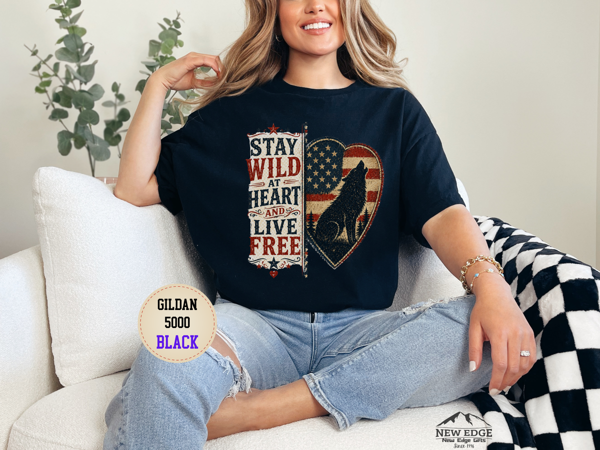 Stay Wild at Heart Live Free T-Shirt - Patriotic Wolf Heart Graphic
