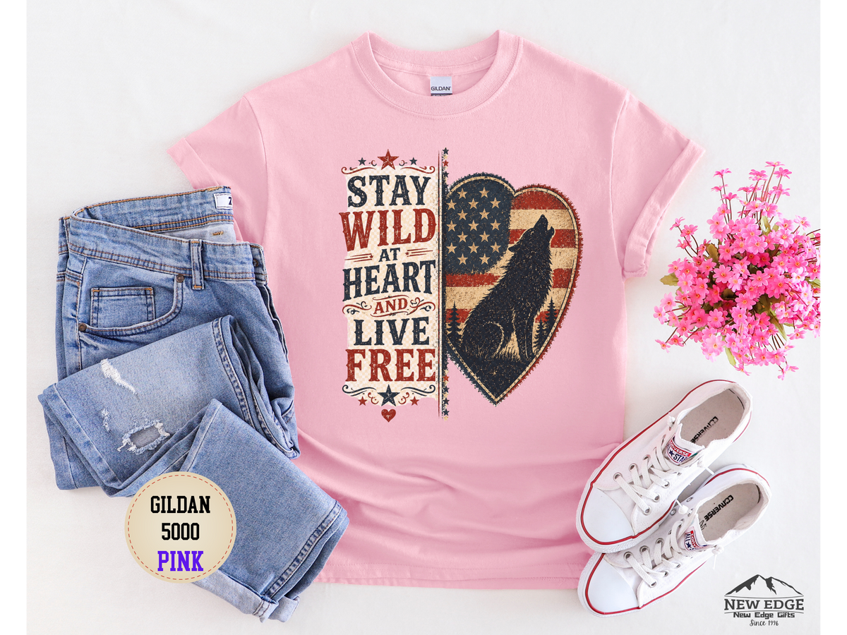 Stay Wild at Heart Live Free T-Shirt - Patriotic Wolf Heart Graphic