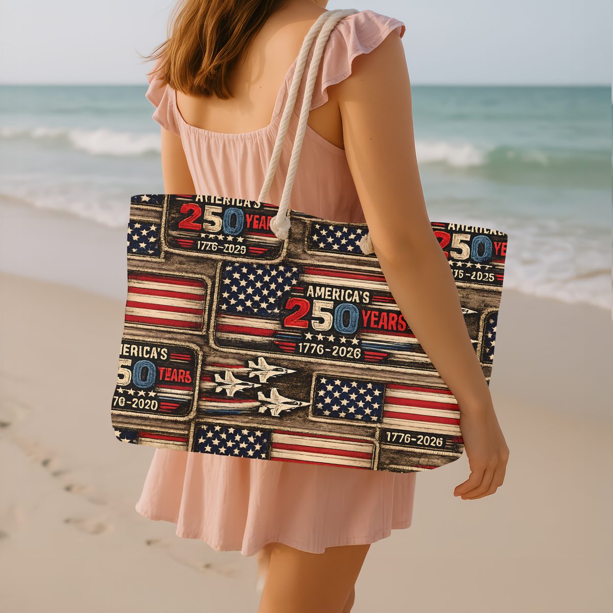 America's 250 Years Patriotic Fighter Jets Weekender Bag Faux Patchwork American Flag Travel Tote 1776-2026