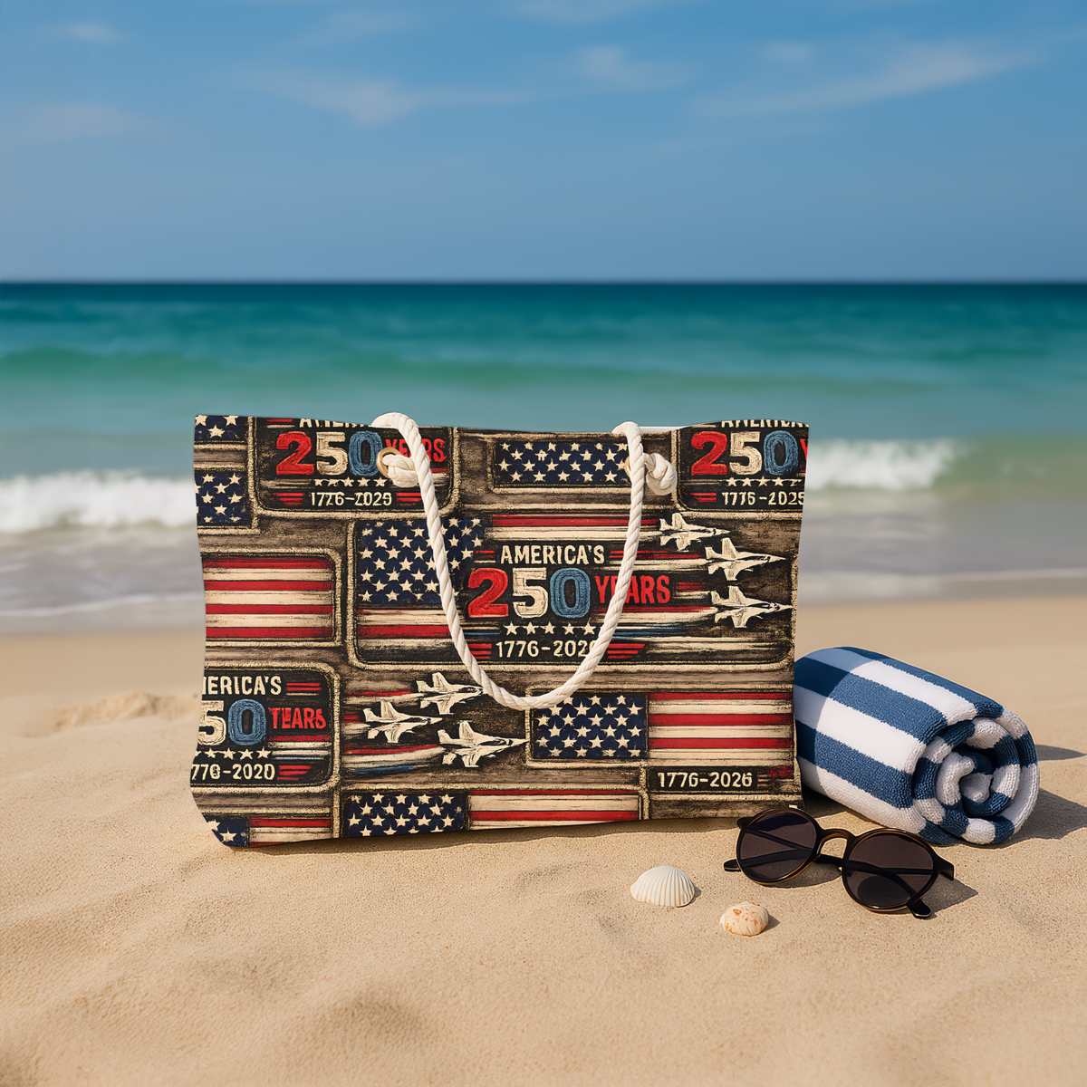 America's 250 Years Patriotic Fighter Jets Weekender Bag Faux Patchwork American Flag Travel Tote 1776-2026