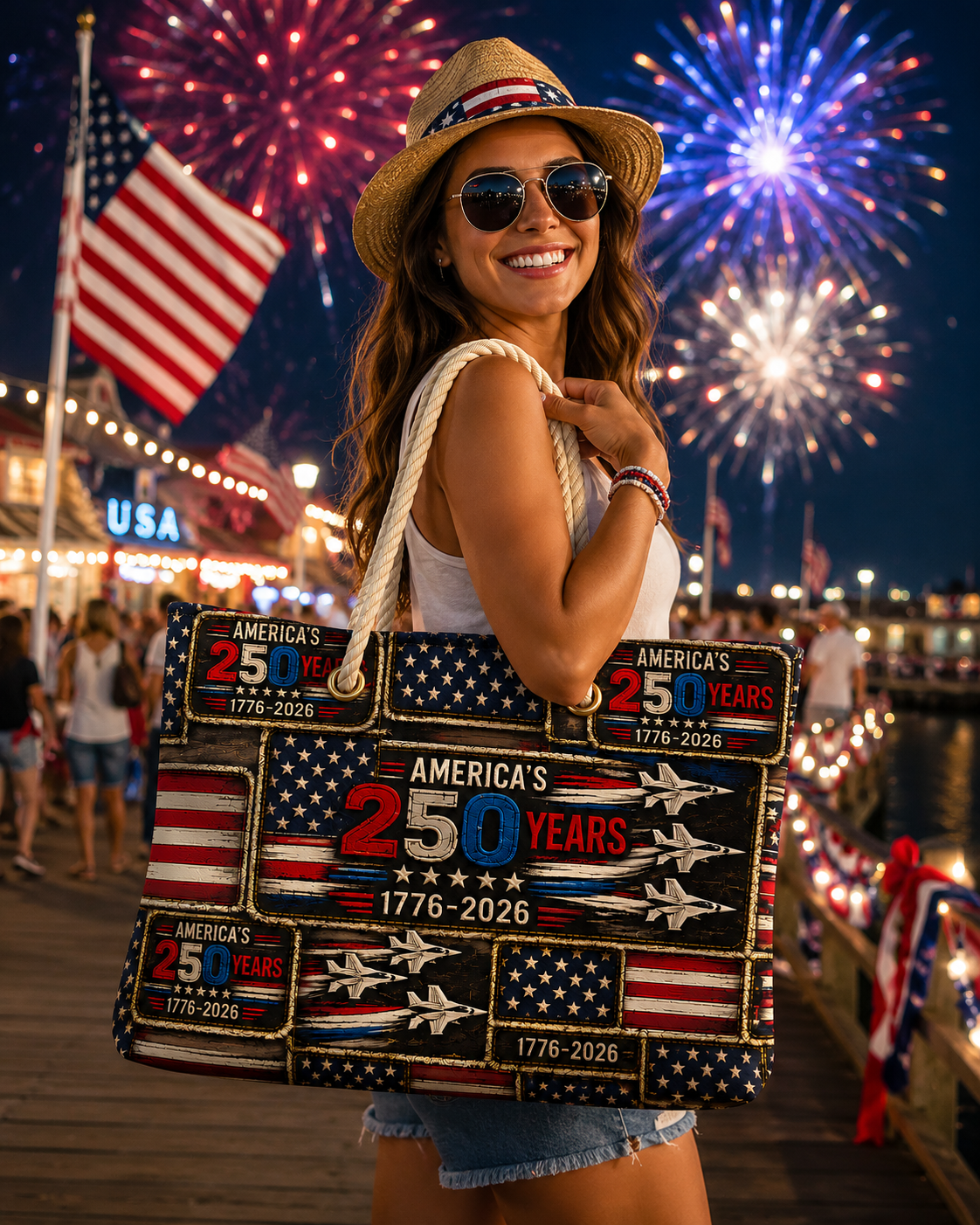 America's 250 Years Patriotic Fighter Jets Weekender Bag Faux Patchwork American Flag Travel Tote 1776-2026